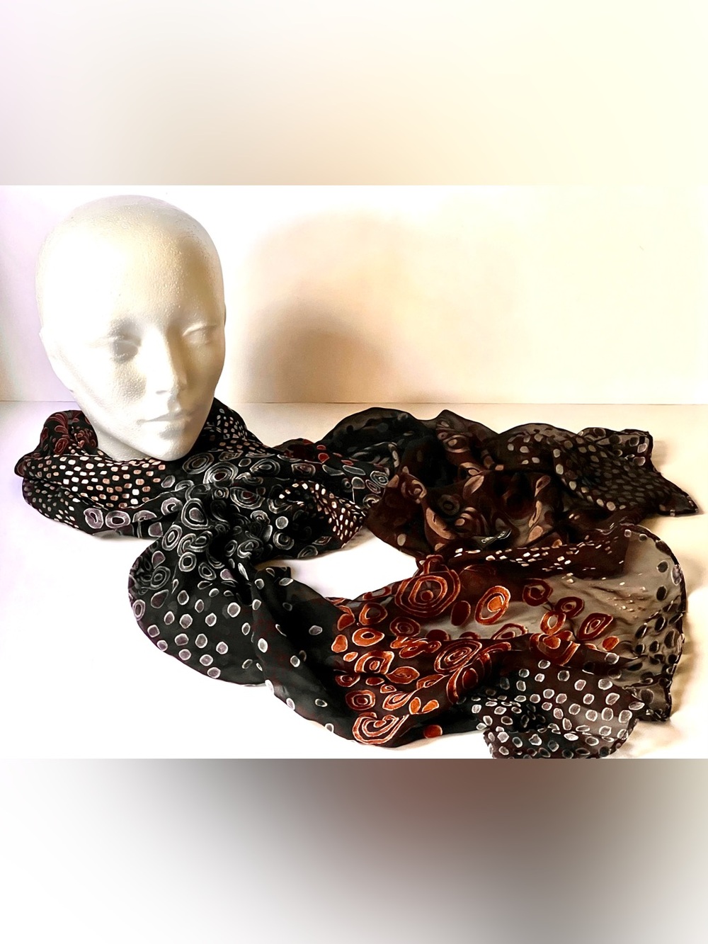 Cynthia Rowley Devore’ metallic copper pebble Sheer, black burnout Scarf